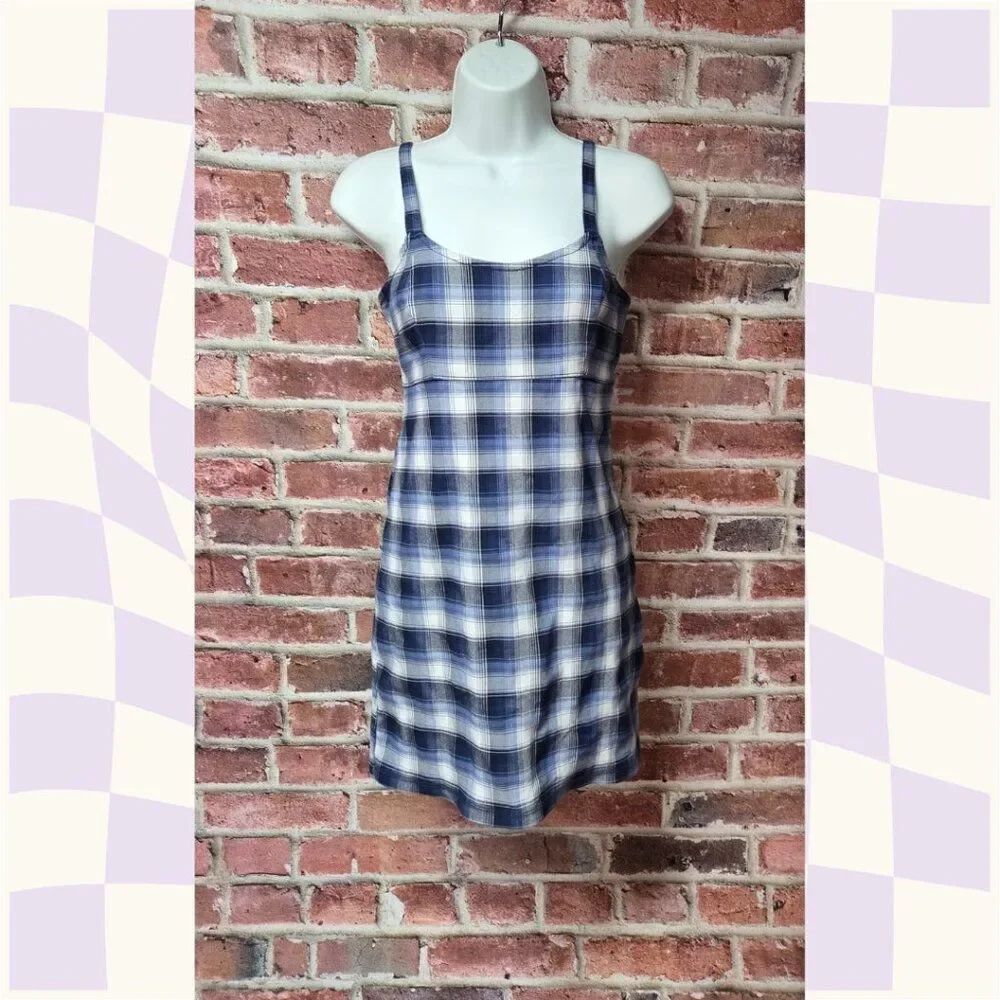 Hollister Blue Plaid Sleeveless Mini Dress – Women’s Small Square Neck Zip Back